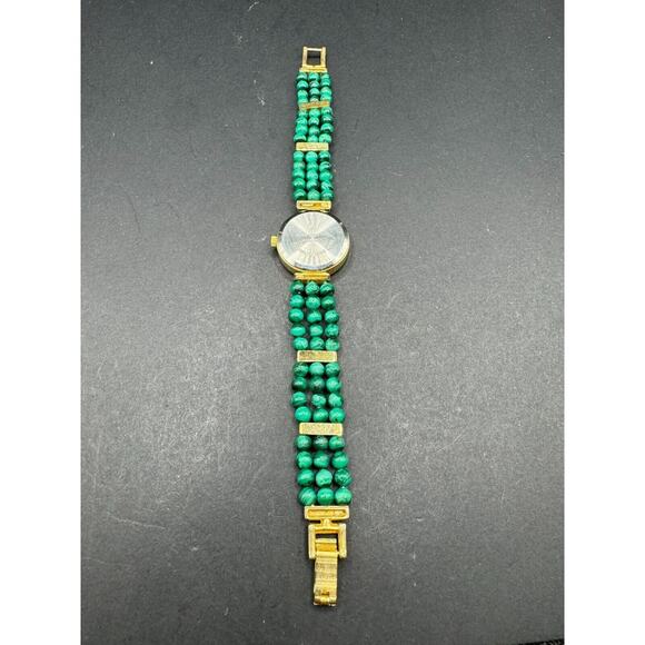 Vintage Art by God Malachite Gemstone Gold Tone Quartz Watch Beaded Band Working main image 5